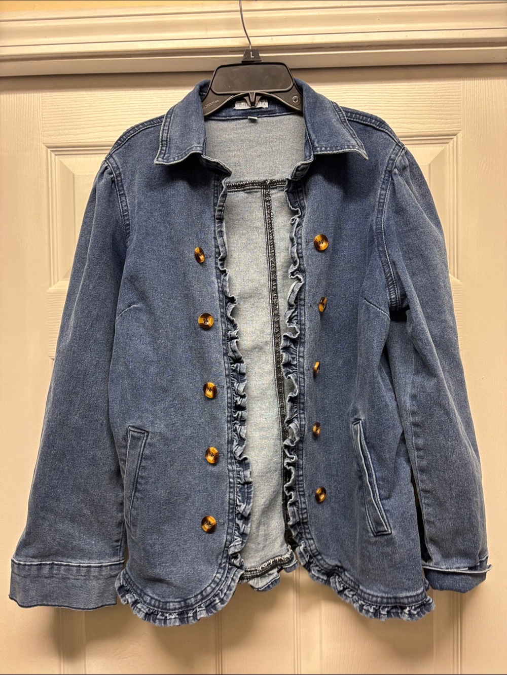 Chery Betty Women's Blue Denim Ruffle-Trim Double Breasted Jacket Medium